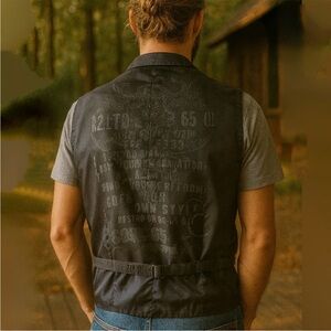 Vtg Men’s Straight Faded Gray Pinstripe Distressed Graphic Print Back Sz Medium